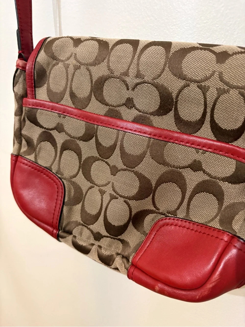 Coach Khaki Signature Canvas Crossbody with Red Trim